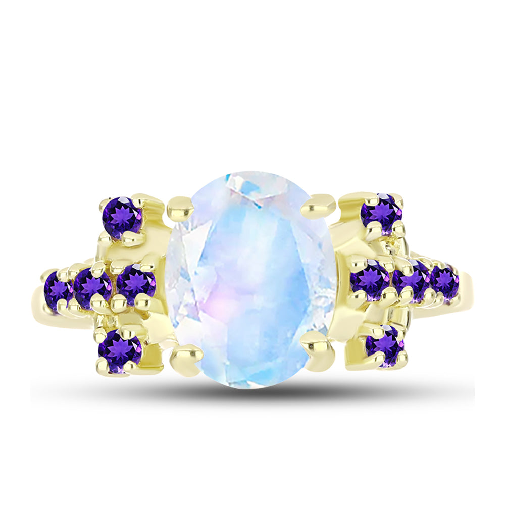 Anillo de Plata Bañada en Oro con Piedra Lunar Arco Iris y Amatista de Marruecos