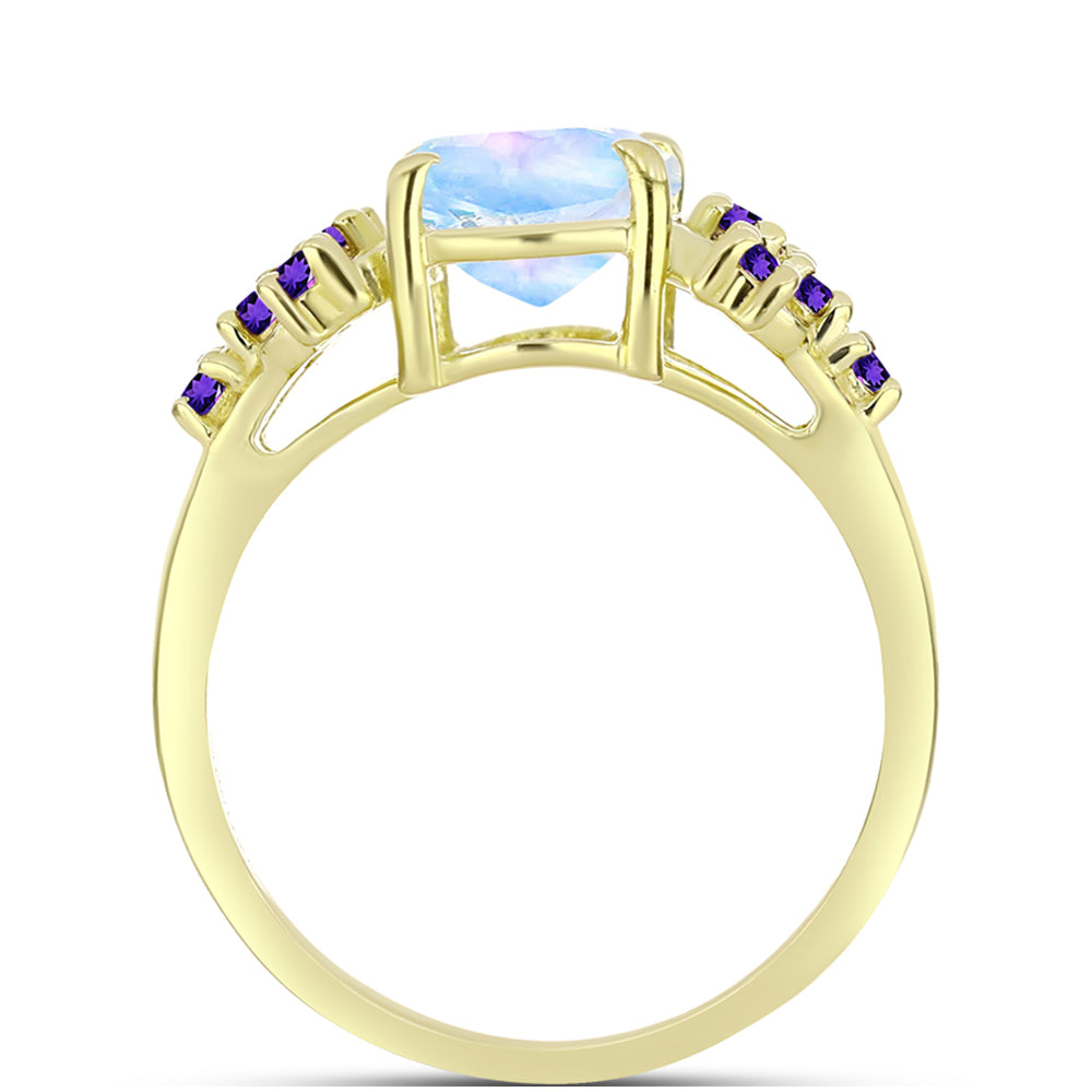 Anillo de Plata Bañada en Oro con Piedra Lunar Arco Iris y Amatista de Marruecos