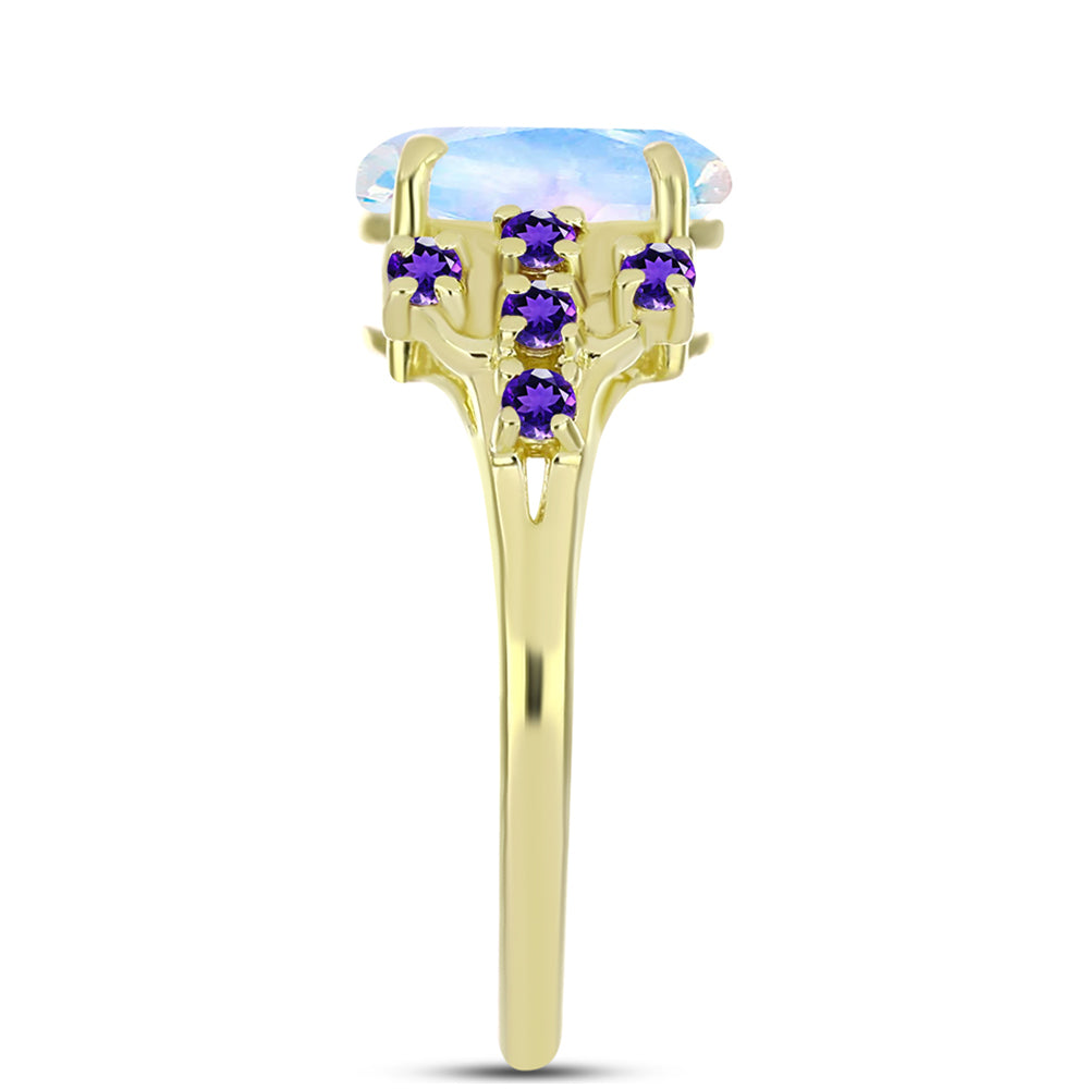 Anillo de Plata Bañada en Oro con Piedra Lunar Arco Iris y Amatista de Marruecos 4 