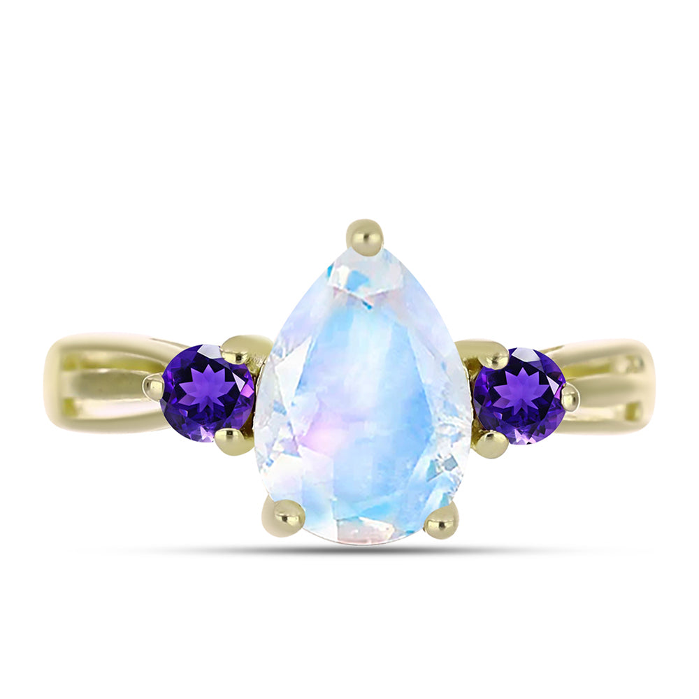 Anillo de Plata Bañada en Oro con Piedra Lunar Arco Iris y Amatista de Marruecos 1 
