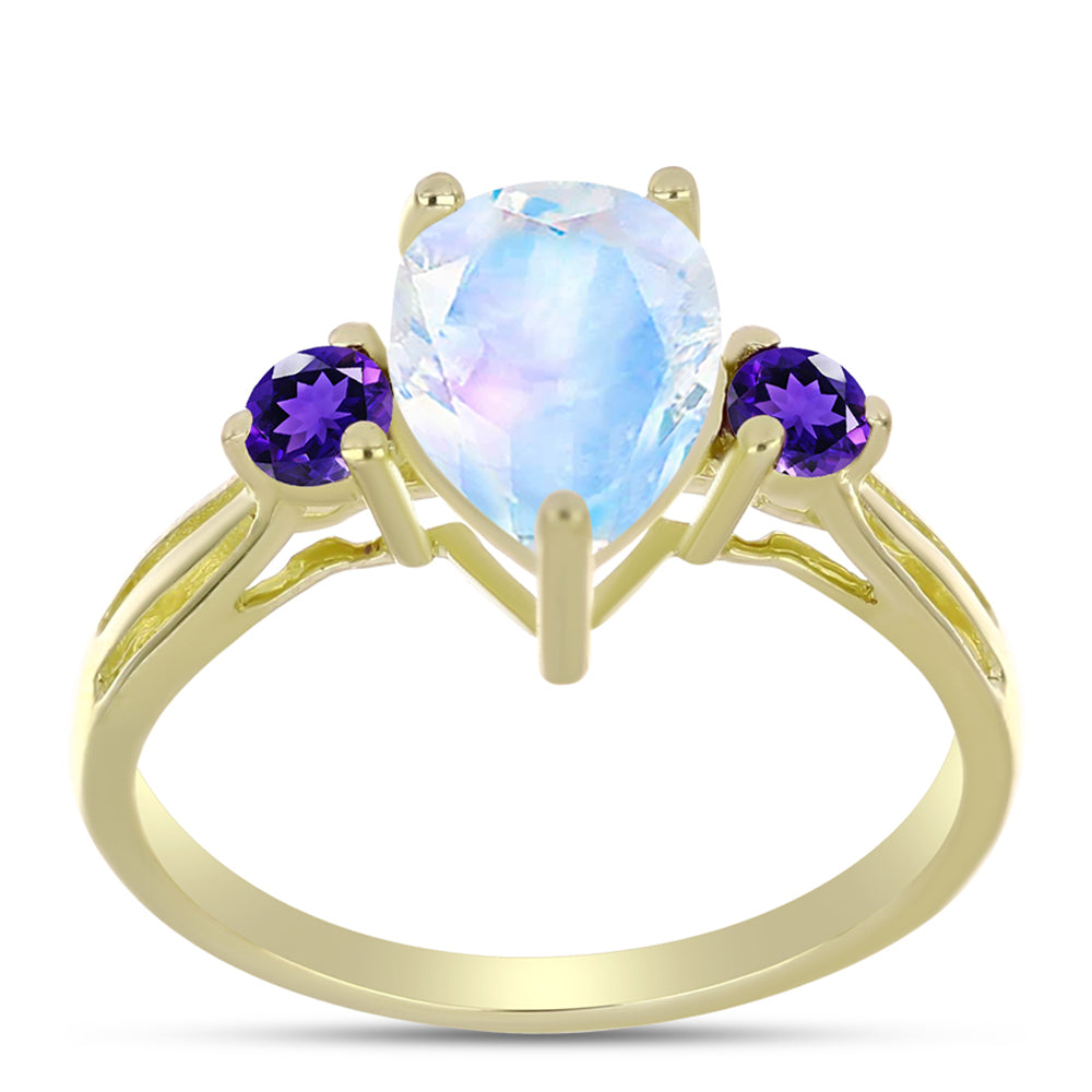 Anillo de Plata Bañada en Oro con Piedra Lunar Arco Iris y Amatista de Marruecos