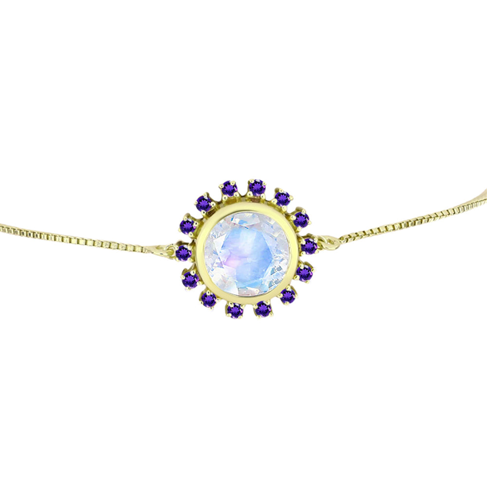 Pulsera de Plata Bañada en Oro con Piedra Lunar Arco Iris y Amatista de Marruecos 2 