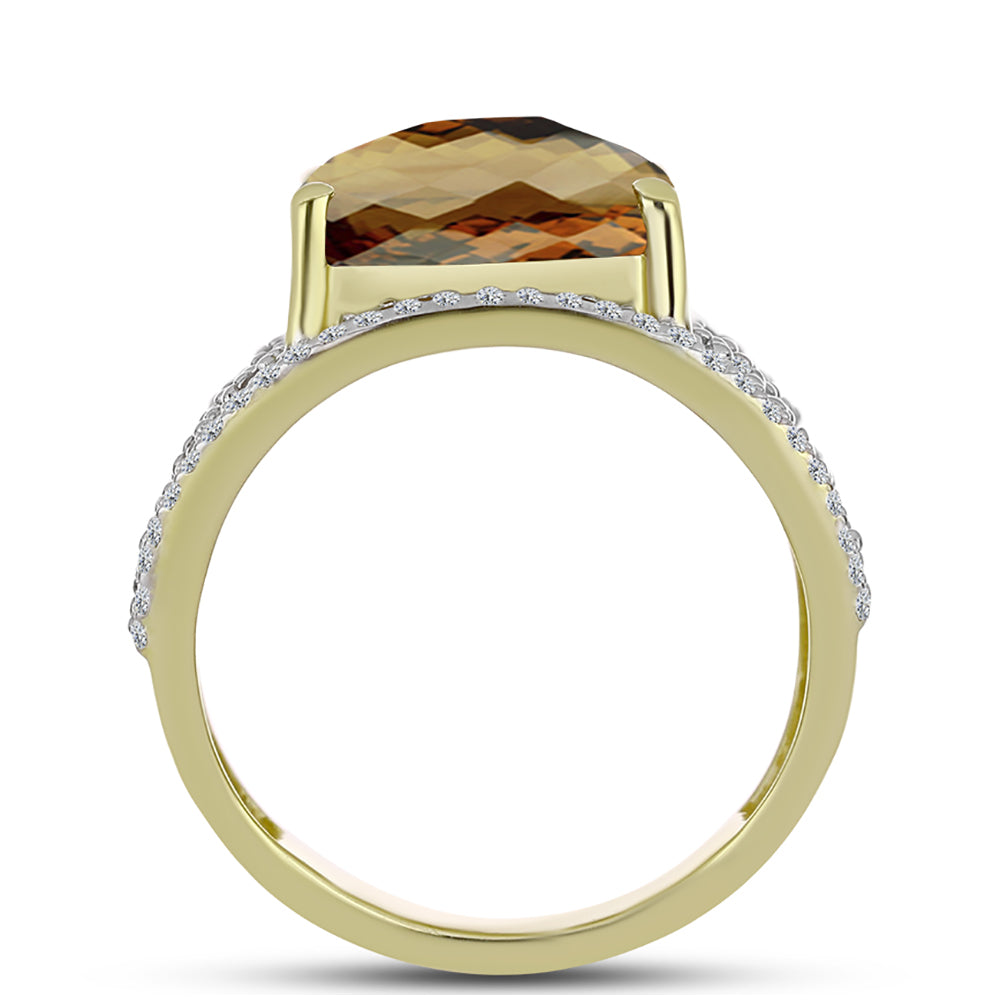 Anillo de Plata Bañada en Oro con Cuarzo Coñac y Topacio Blanco 2 