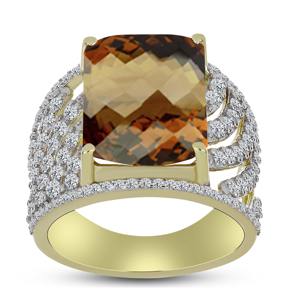 Anillo de Plata Bañada en Oro con Cuarzo Coñac y Topacio Blanco