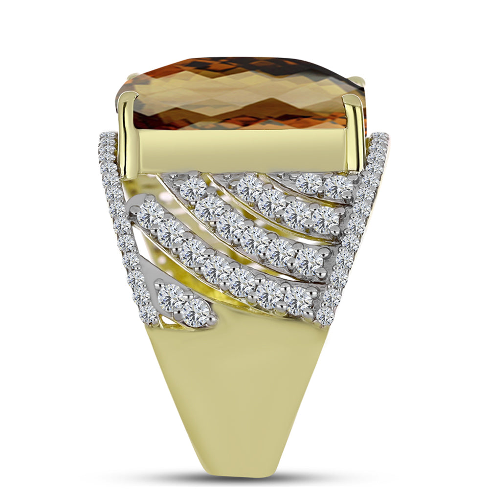Anillo de Plata Bañada en Oro con Cuarzo Coñac y Topacio Blanco 4 