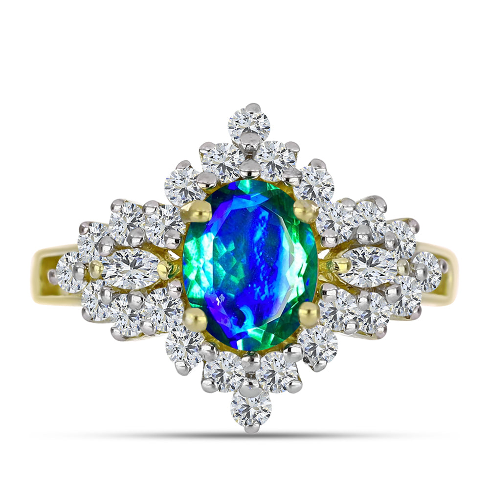 Anillo de Plata Bañada en Oro con Cuarzo Pavo Real y Topacio Blanco 1 