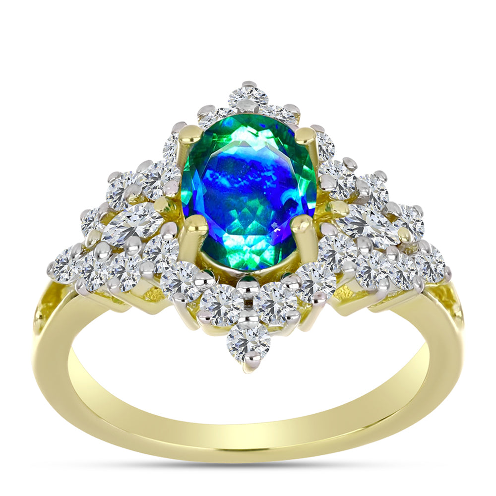 Anillo de Plata Bañada en Oro con Cuarzo Pavo Real y Topacio Blanco 3 