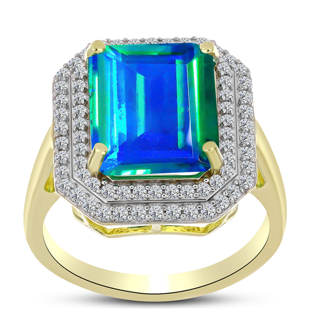 Anillo de Plata Bañada en Oro con Cuarzo Pavo Real y Topacio Blanco 2 