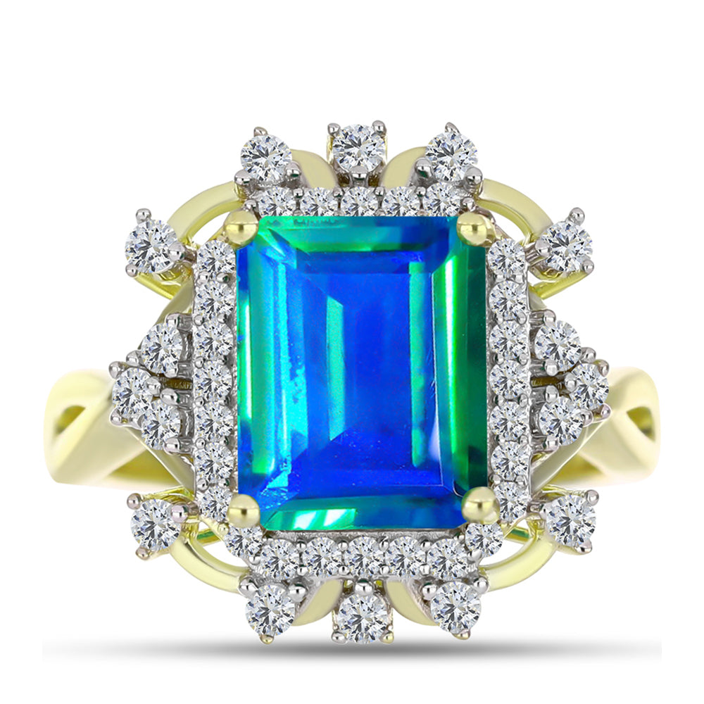 Anillo de Plata Bañada en Oro con Cuarzo Pavo Real y Topacio Blanco 1 