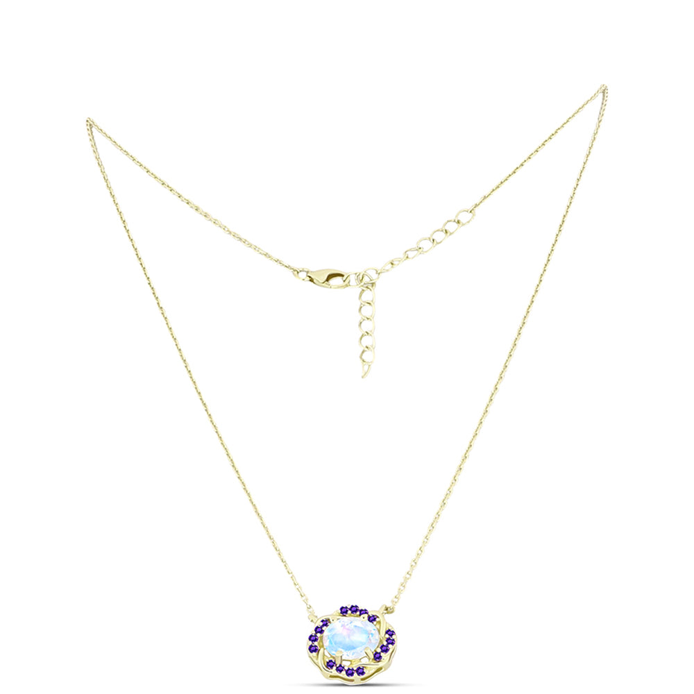 Collar de Plata Bañada en Oro con Piedra Lunar Arco Iris y Amatista de Marruecos