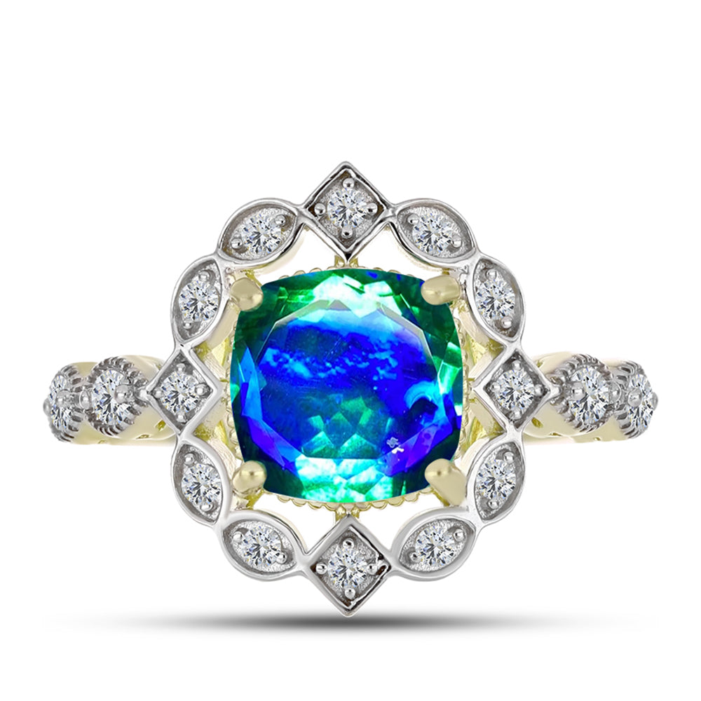Anillo de Plata Bañada en Oro con Cuarzo Pavo Real y Topacio Blanco 1 