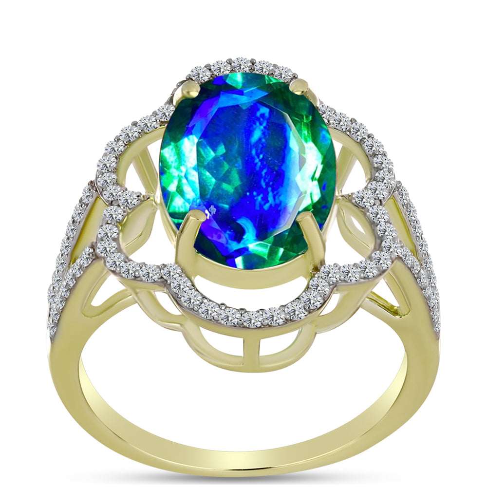 Anillo de Plata Bañada en Oro con Cuarzo Pavo Real y Topacio Blanco