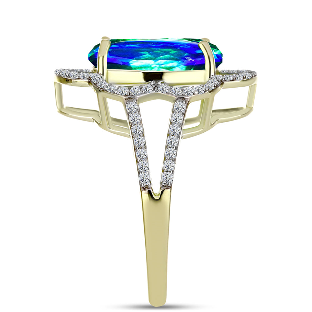 Anillo de Plata Bañada en Oro con Cuarzo Pavo Real y Topacio Blanco
