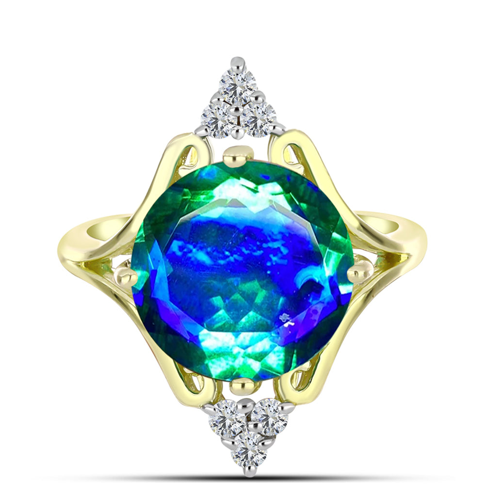 Anillo de Plata Bañada en Oro con Cuarzo Pavo Real y Topacio Blanco 1 