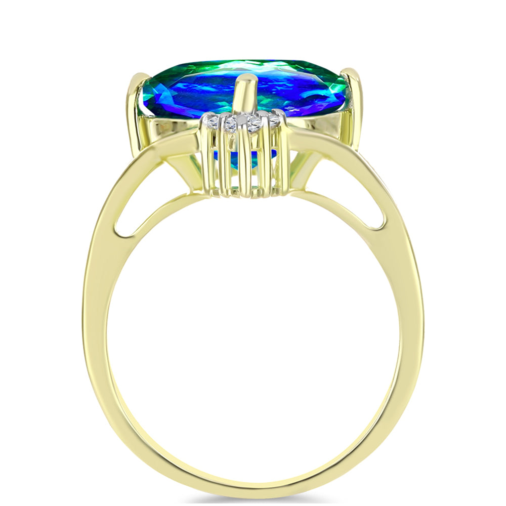 Anillo de Plata Bañada en Oro con Cuarzo Pavo Real y Topacio Blanco