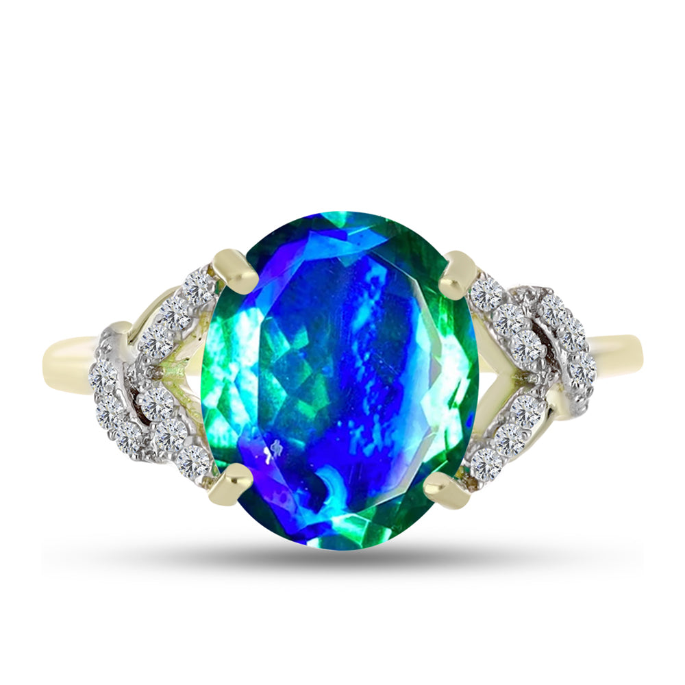 Anillo de Plata Bañada en Oro con Cuarzo Pavo Real y Topacio Blanco 1 