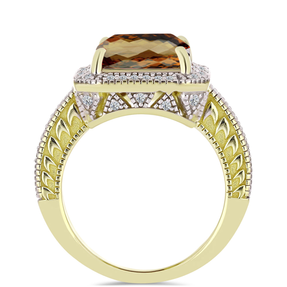 Anillo de Plata Bañada en Oro con Cuarzo Coñac y Topacio Blanco