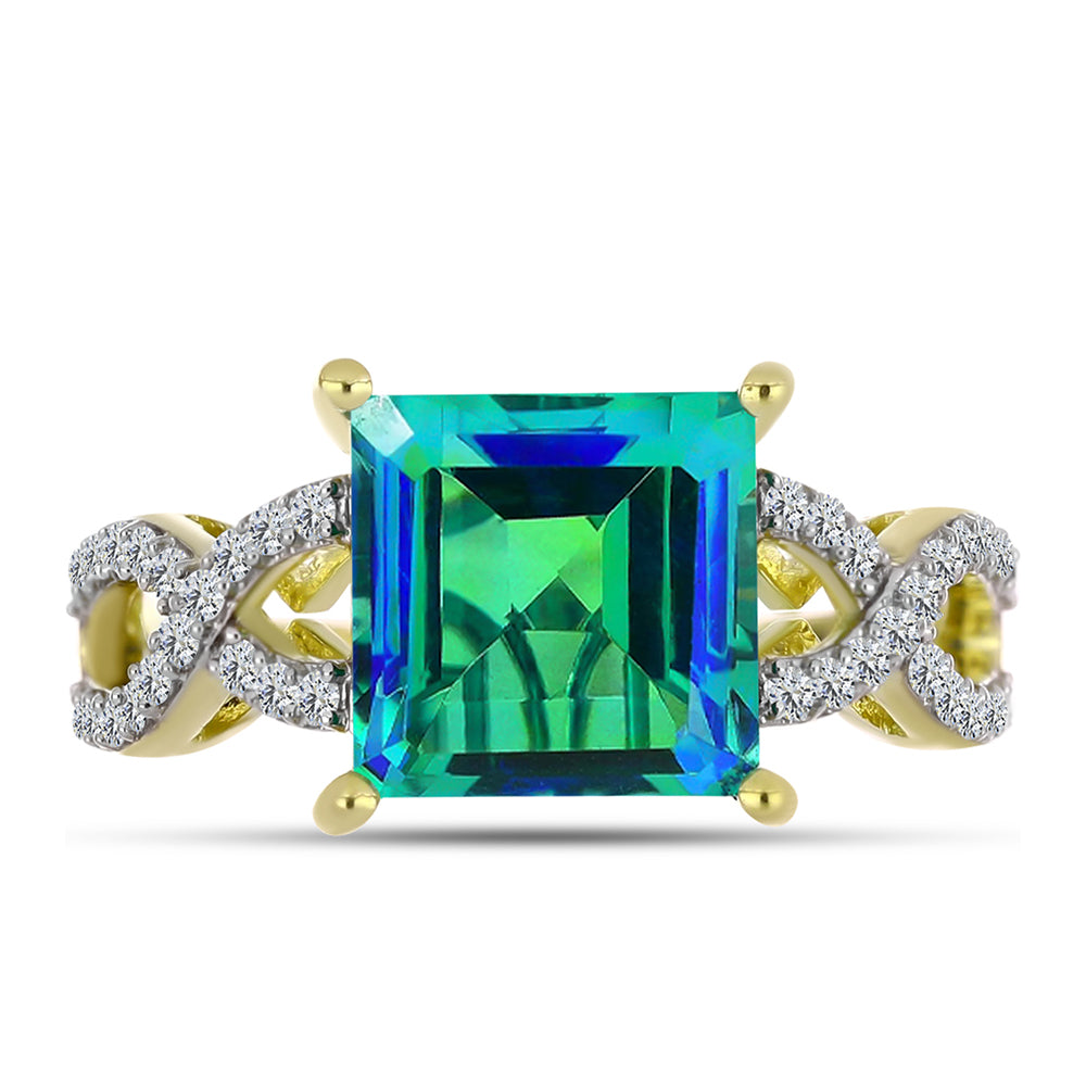 Anillo de Plata Bañada en Oro con Cuarzo Pavo Real y Topacio Blanco 1 
