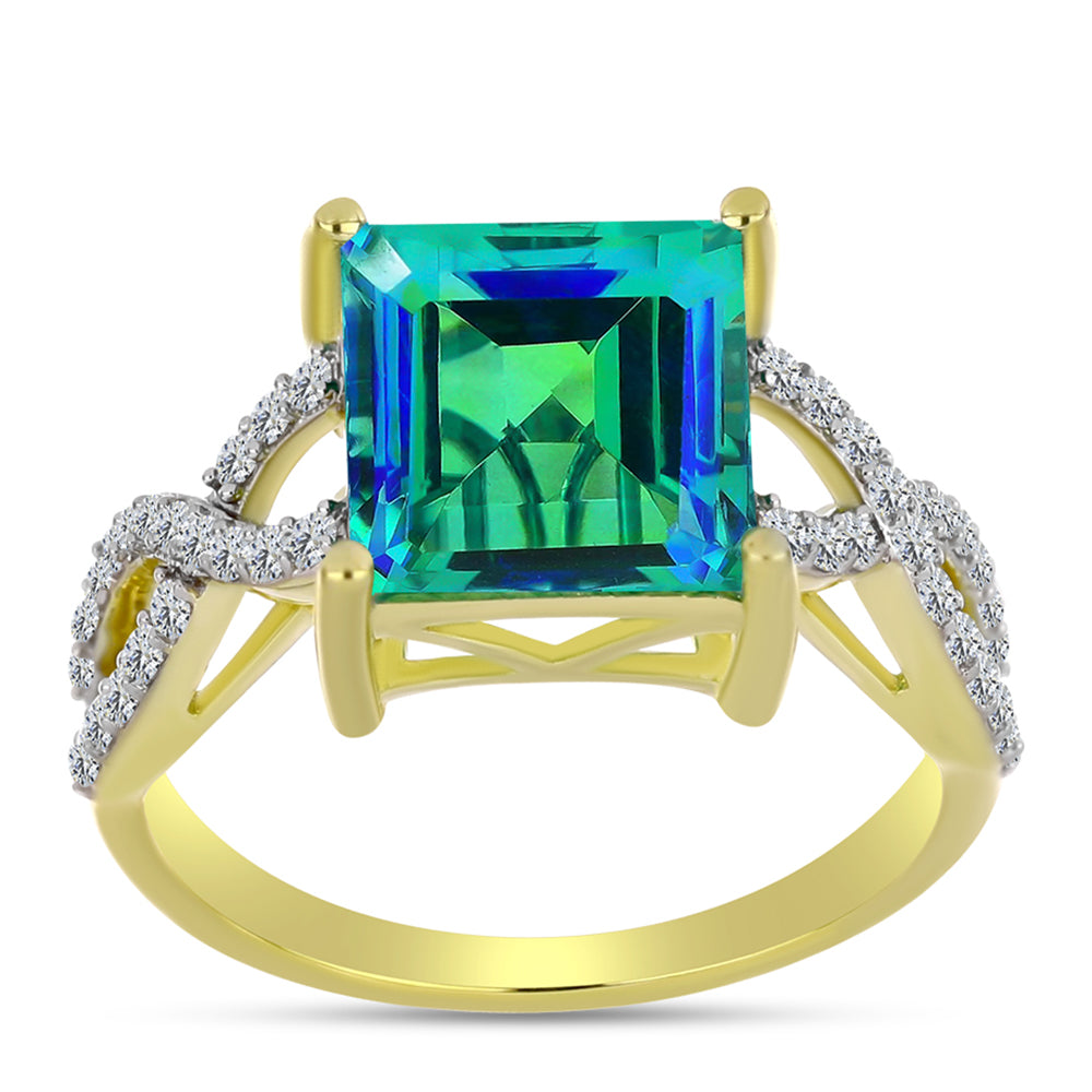 Anillo de Plata Bañada en Oro con Cuarzo Pavo Real y Topacio Blanco 3 