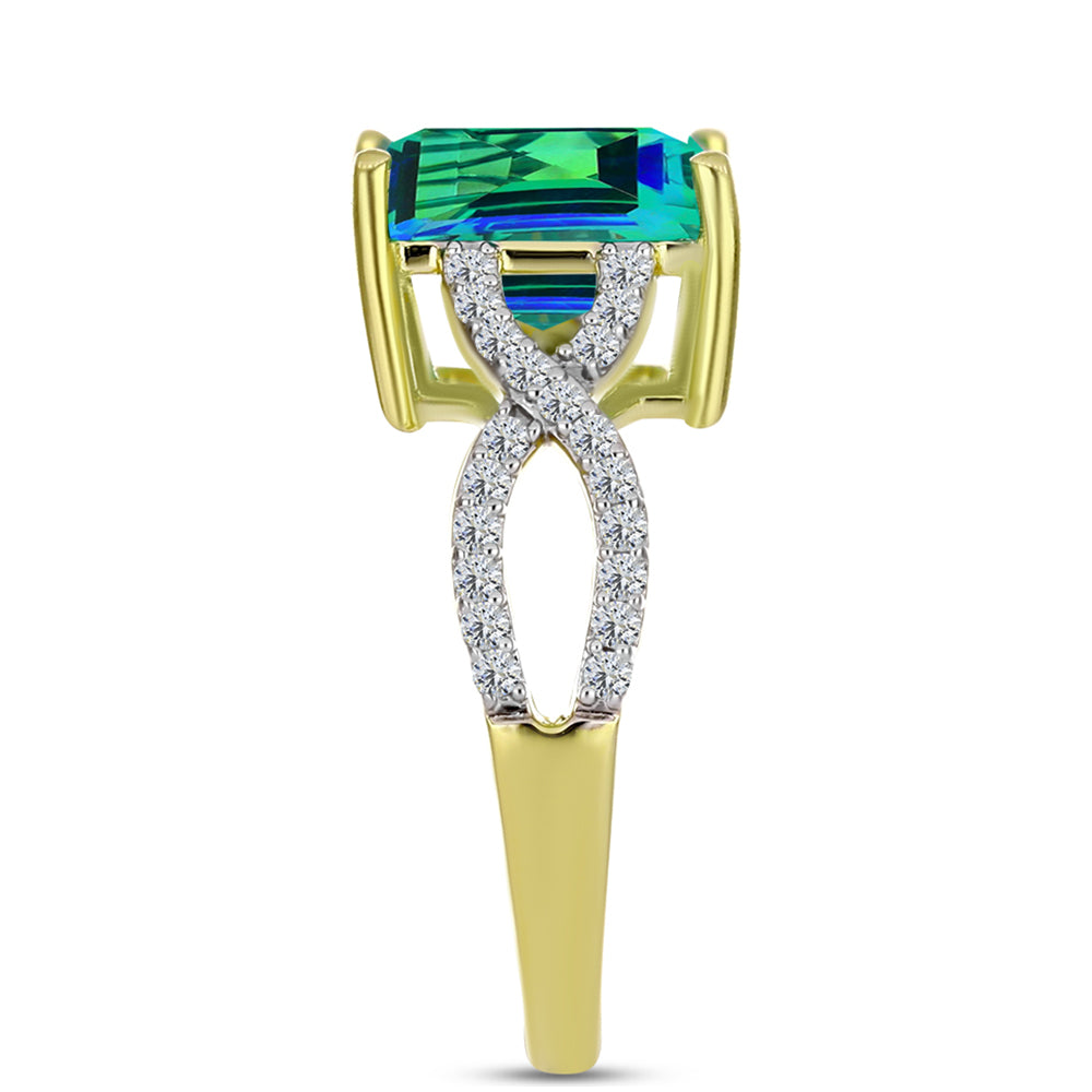 Anillo de Plata Bañada en Oro con Cuarzo Pavo Real y Topacio Blanco