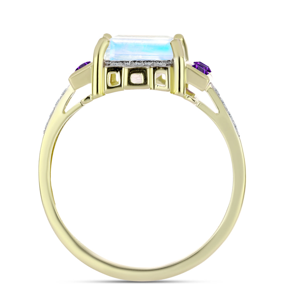 Anillo de Plata Bañada en Oro con Piedra Lunar Arco Iris y Amatista de Marruecos