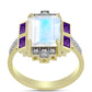 Anillo de Plata Bañada en Oro con Piedra Lunar Arco Iris y Amatista de Marruecos