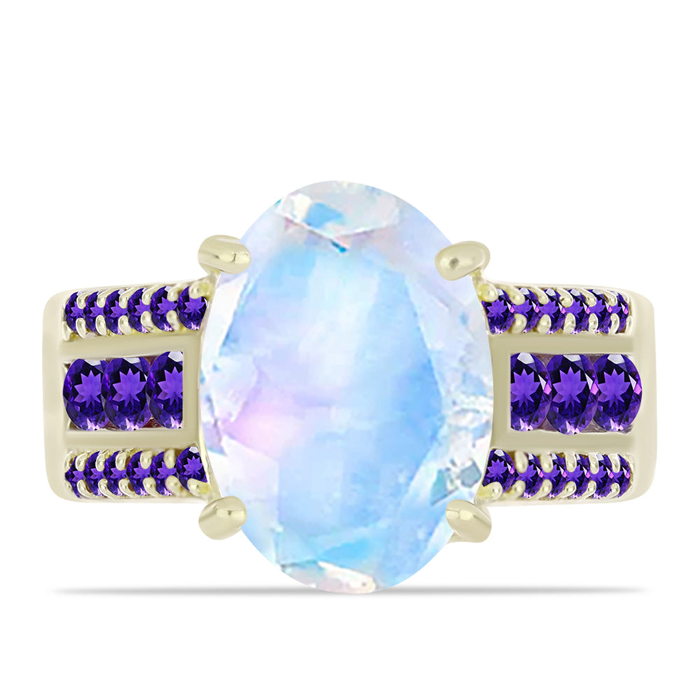 Anillo de Plata Bañada en Oro con Piedra Lunar Arco Iris y Amatista de Marruecos 1 