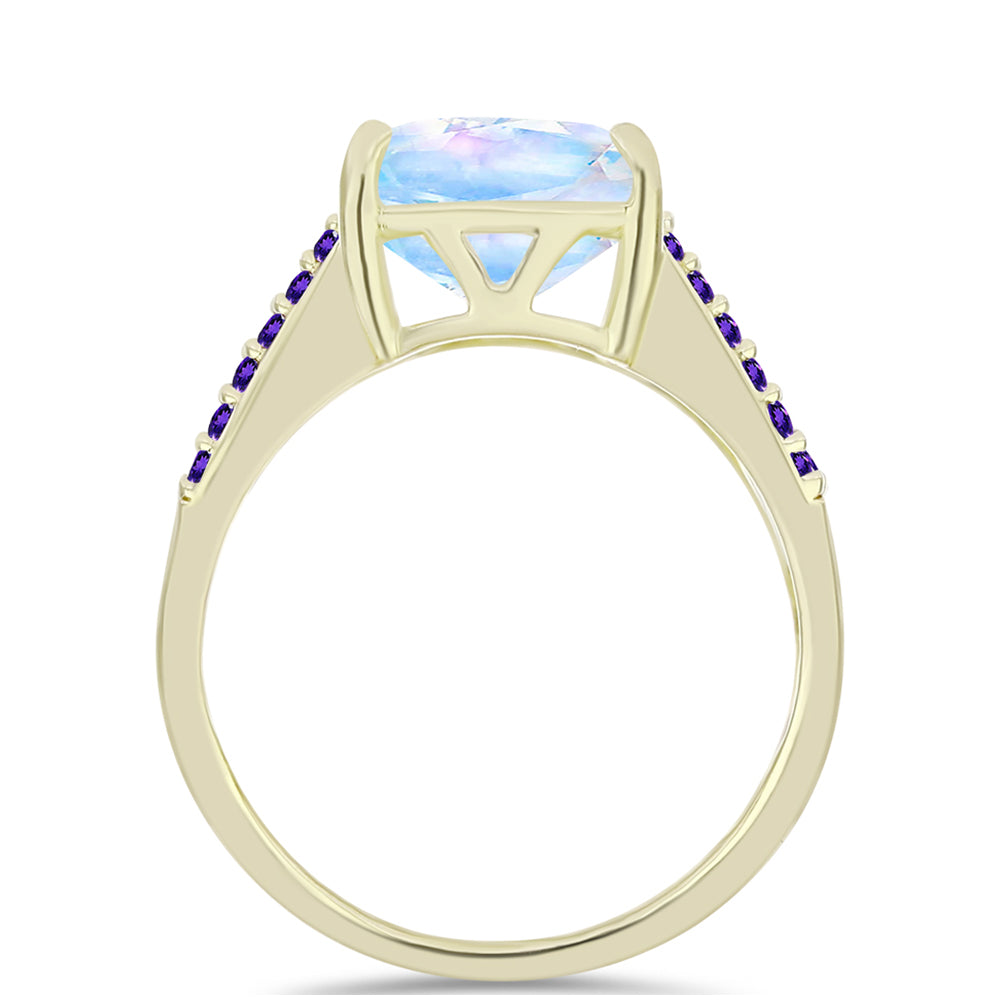 Anillo de Plata Bañada en Oro con Piedra Lunar Arco Iris y Amatista de Marruecos