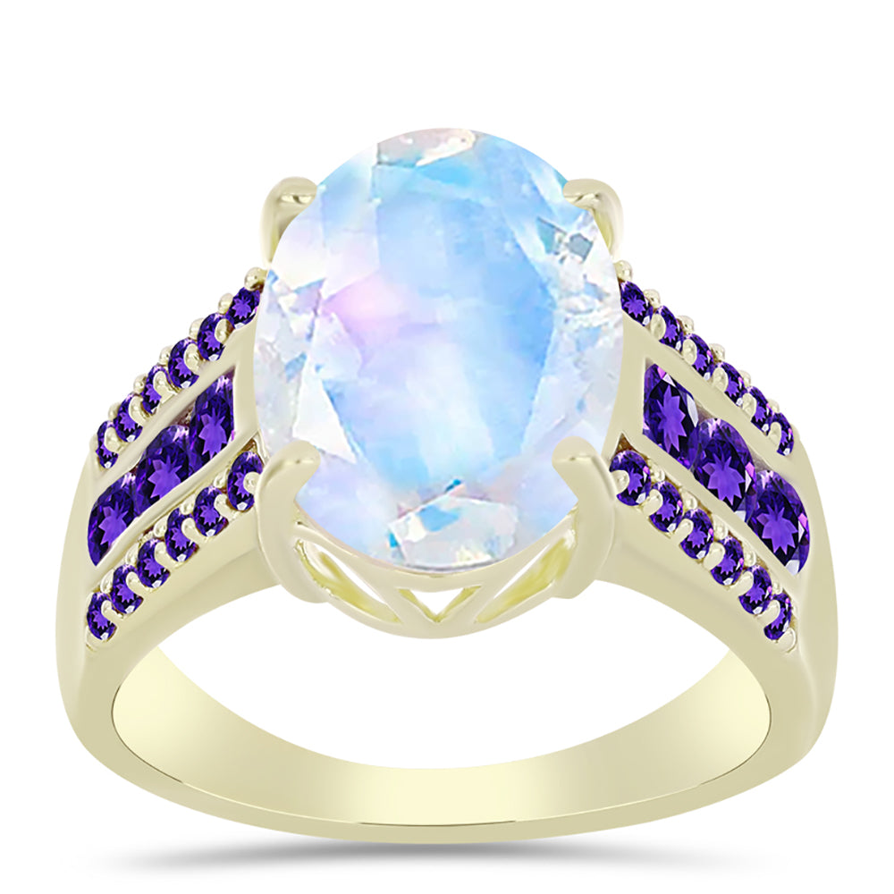 Anillo de Plata Bañada en Oro con Piedra Lunar Arco Iris y Amatista de Marruecos 3 