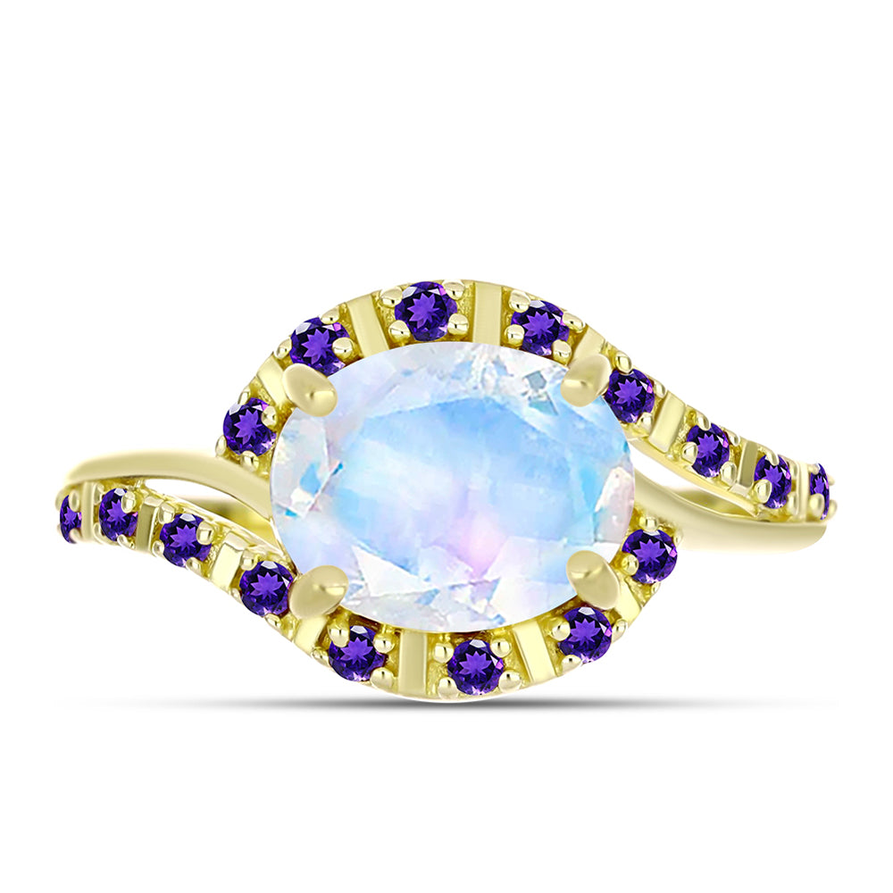 Anillo de Plata Bañada en Oro con Piedra Lunar Arco Iris y Amatista de Marruecos