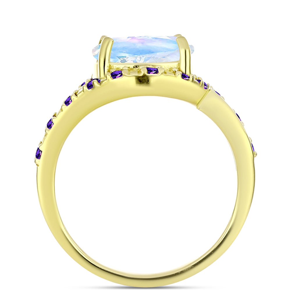 Anillo de Plata Bañada en Oro con Piedra Lunar Arco Iris y Amatista de Marruecos 2 
