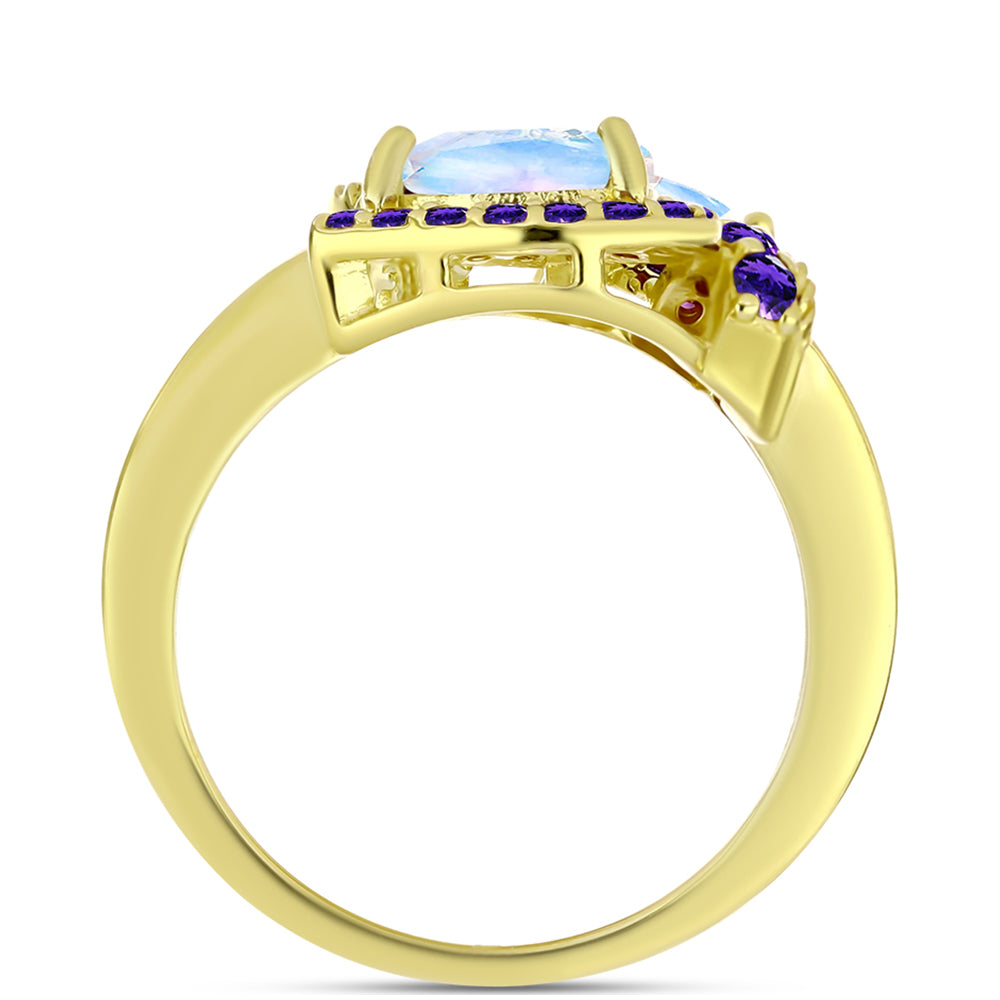 Anillo de Plata Bañada en Oro con Piedra Lunar Arco Iris y Amatista de Marruecos 2 