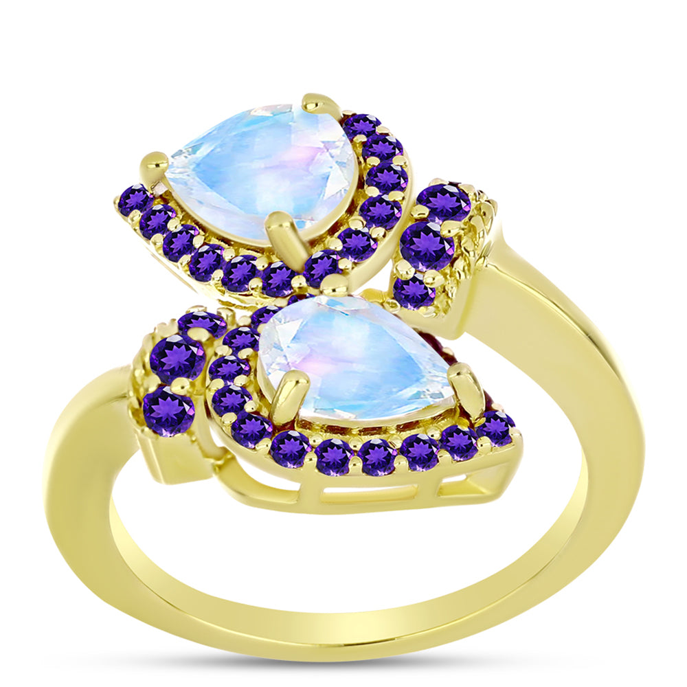 Anillo de Plata Bañada en Oro con Piedra Lunar Arco Iris y Amatista de Marruecos 3 