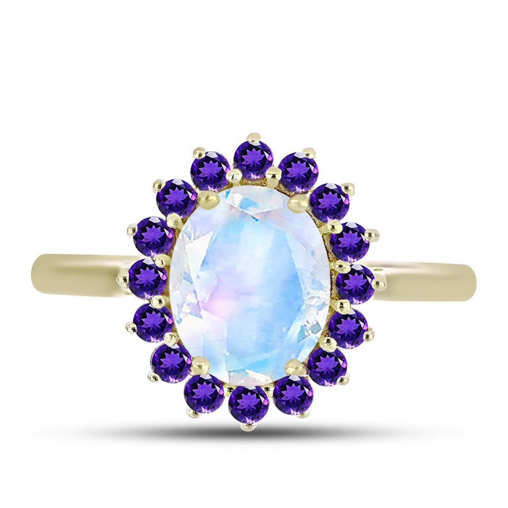 Anillo de Plata Bañada en Oro con Piedra Lunar Arco Iris y Amatista de Marruecos 1 