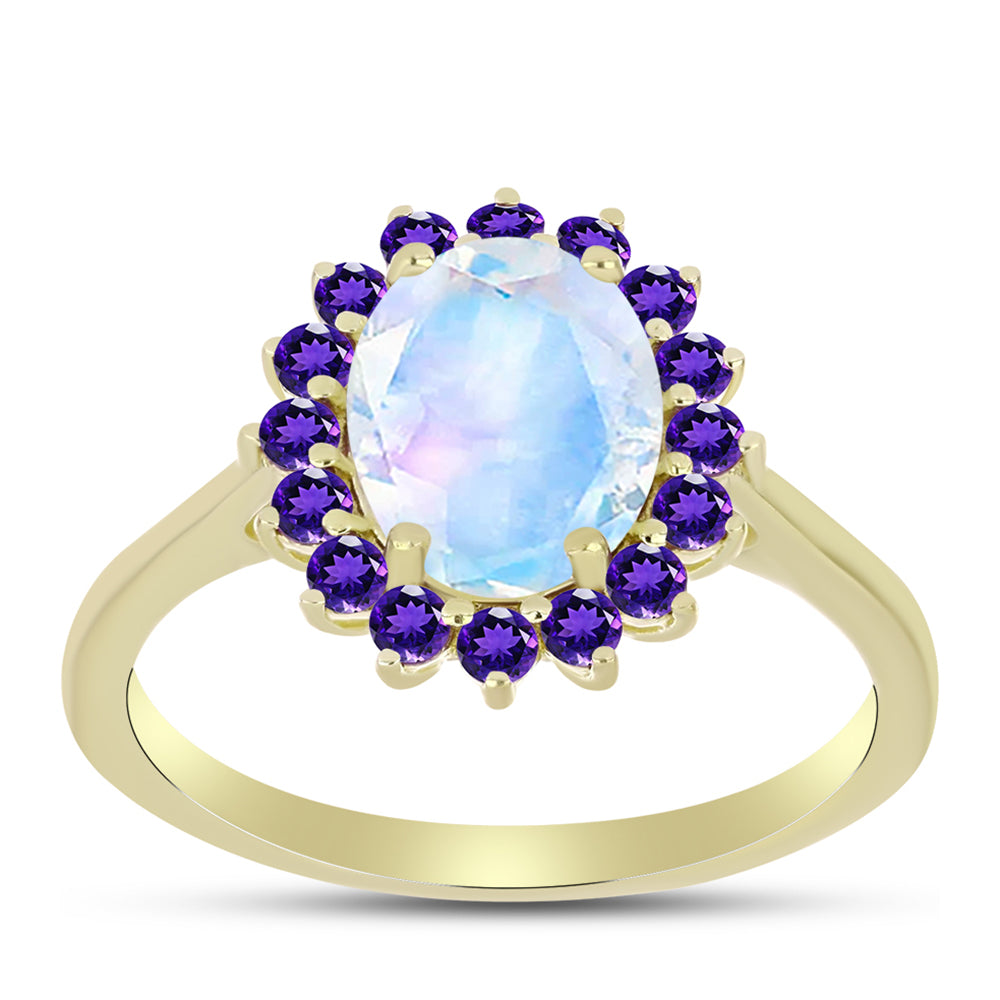 Anillo de Plata Bañada en Oro con Piedra Lunar Arco Iris y Amatista de Marruecos 3 