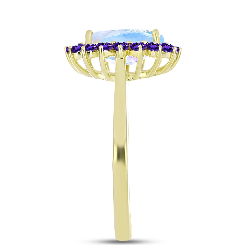 Anillo de Plata Bañada en Oro con Piedra Lunar Arco Iris y Amatista de Marruecos 4 