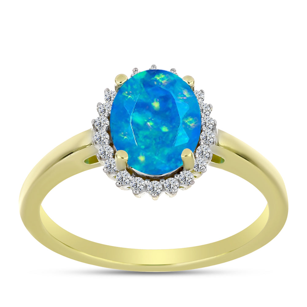 Anillo de Plata Bañada en Oro con Ópalo Azul Paraiba de Etiopía y Topacio Blanco 3 