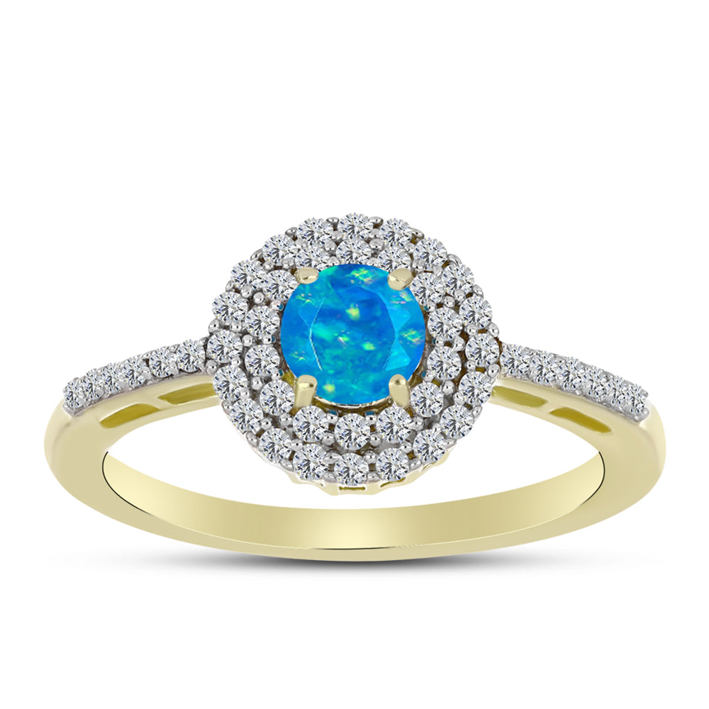Anillo de Plata Bañada en Oro con Ópalo Azul Paraiba de Etiopía y Topacio Blanco 3 