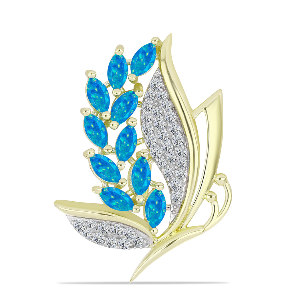 Broche de Plata Bañada en Oro con Ópalo Azul Paraiba de Etiopía y Topacio Blanco 1 