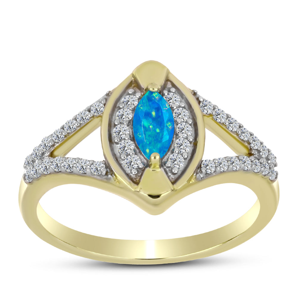 Anillo de Plata Bañada en Oro con Ópalo Azul Paraiba de Etiopía y Topacio Blanco 3 
