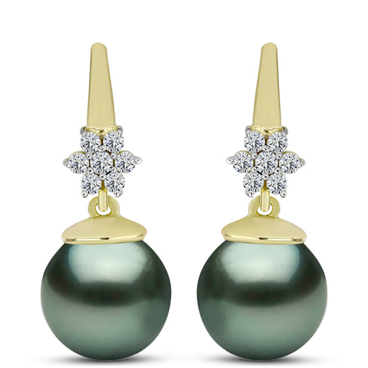 Pendientes de Plata Bañada en Oro con Perla de río Tahiti verde ilusión y Topacio Blanco