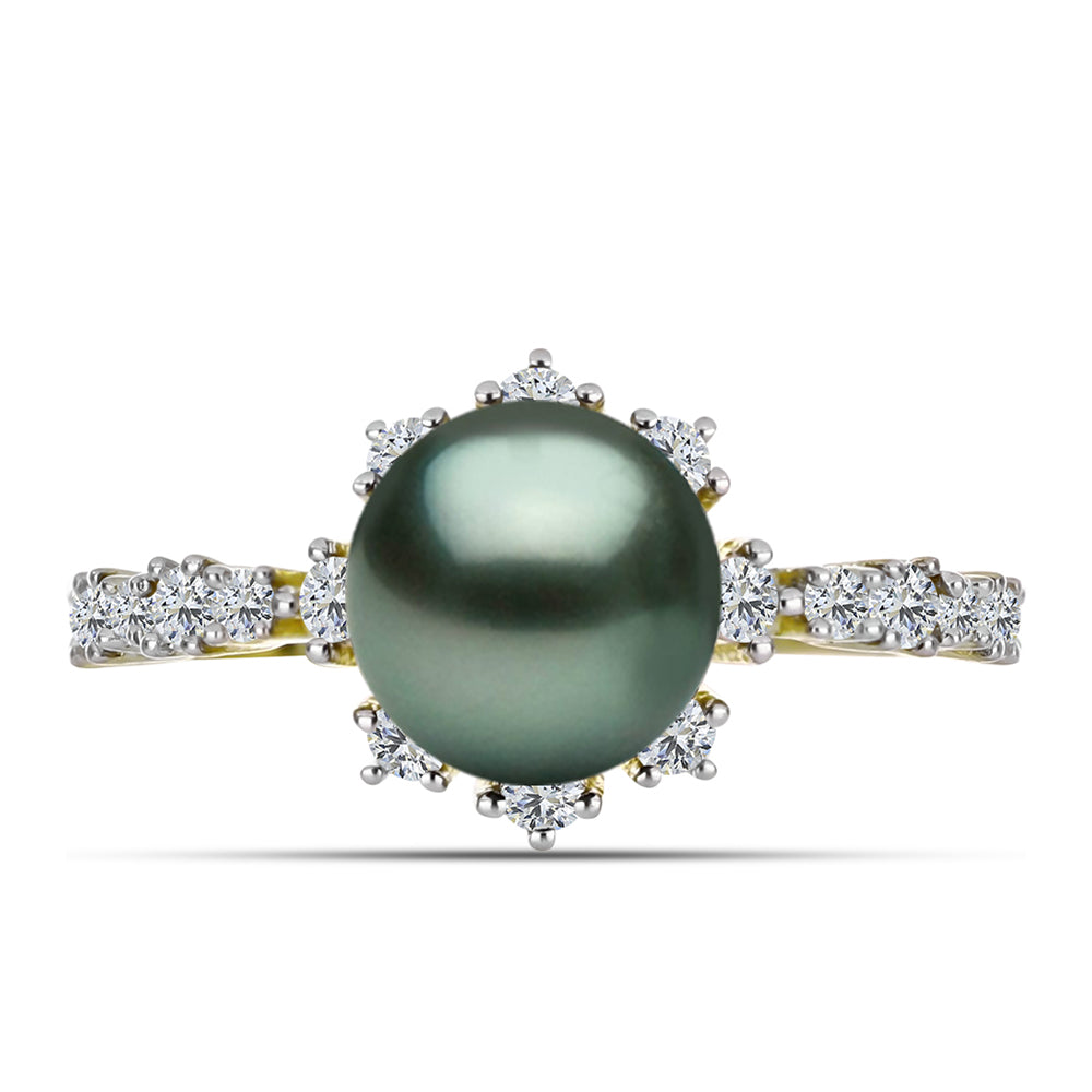 Anillo de Plata Bañada en Oro con Perla de río Tahiti verde ilusión y Topacio Blanco 1 