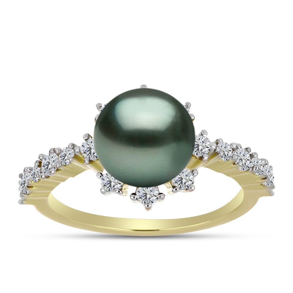 Anillo de Plata Bañada en Oro con Perla de río Tahiti verde ilusión y Topacio Blanco 2 