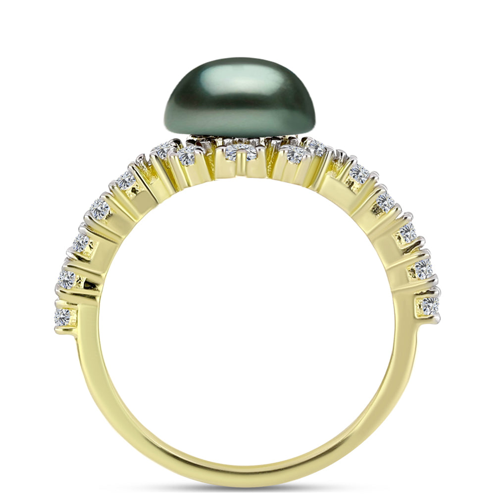 Anillo de Plata Bañada en Oro con Perla de río Tahiti verde ilusión y Topacio Blanco