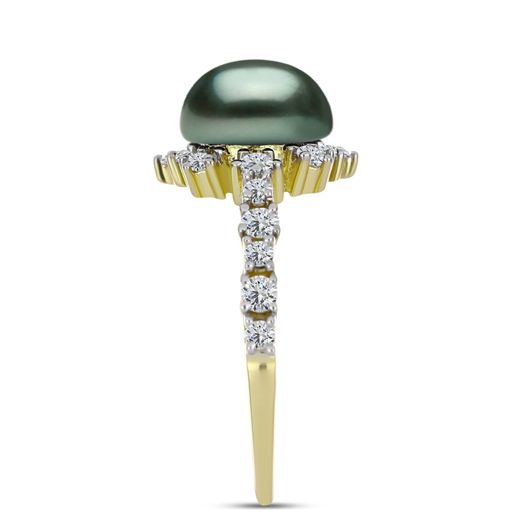Anillo de Plata Bañada en Oro con Perla de río Tahiti verde ilusión y Topacio Blanco