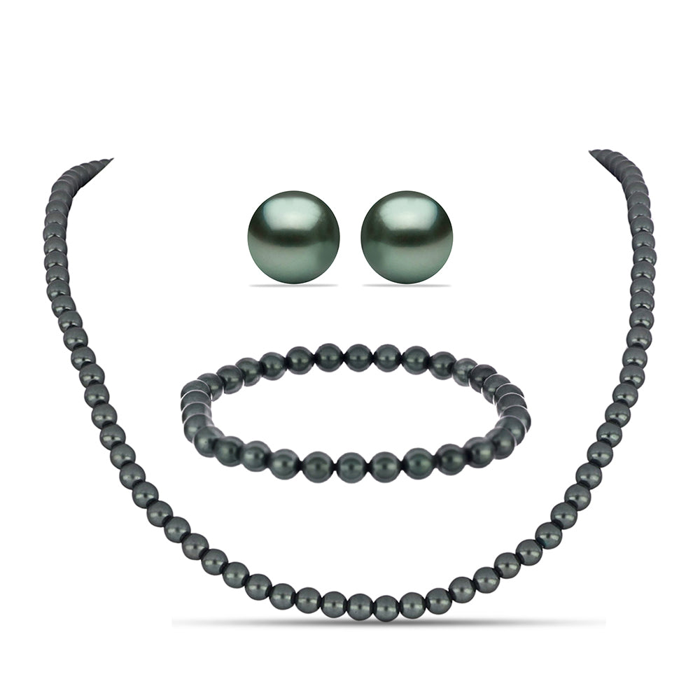 Conjunto de Plata Bañada en Oro con Perla de río Tahiti verde ilusión ( Collar +Pendientes +Pulsera ) 1 