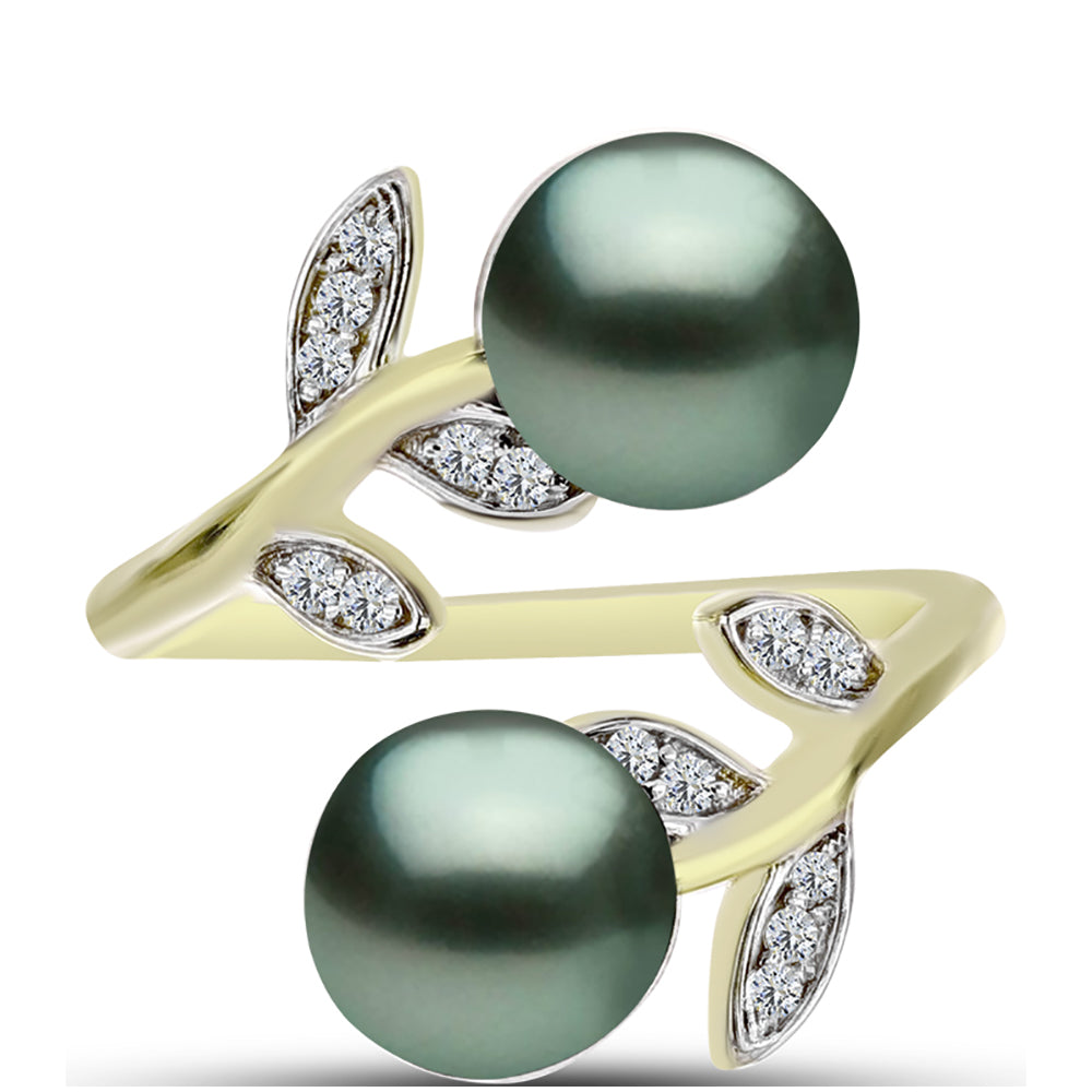Anillo de Plata Bañada en Oro con Perla de río Tahiti verde ilusión y Topacio Blanco