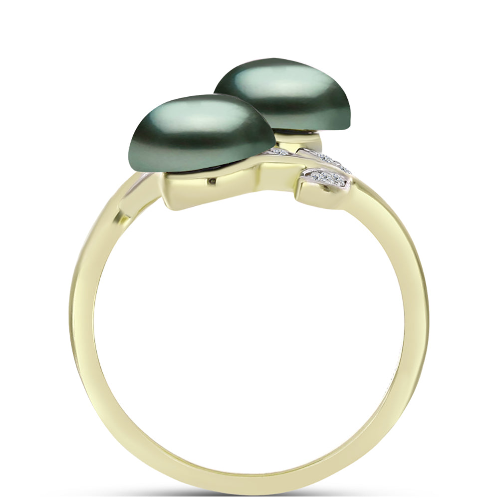 Anillo de Plata Bañada en Oro con Perla de río Tahiti verde ilusión y Topacio Blanco 2 