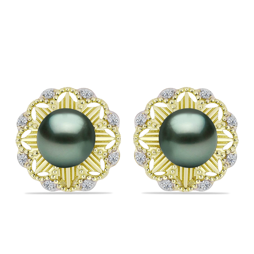Pendientes de Plata Bañada en Oro con Perla de río Tahiti verde ilusión y Topacio Blanco 1 