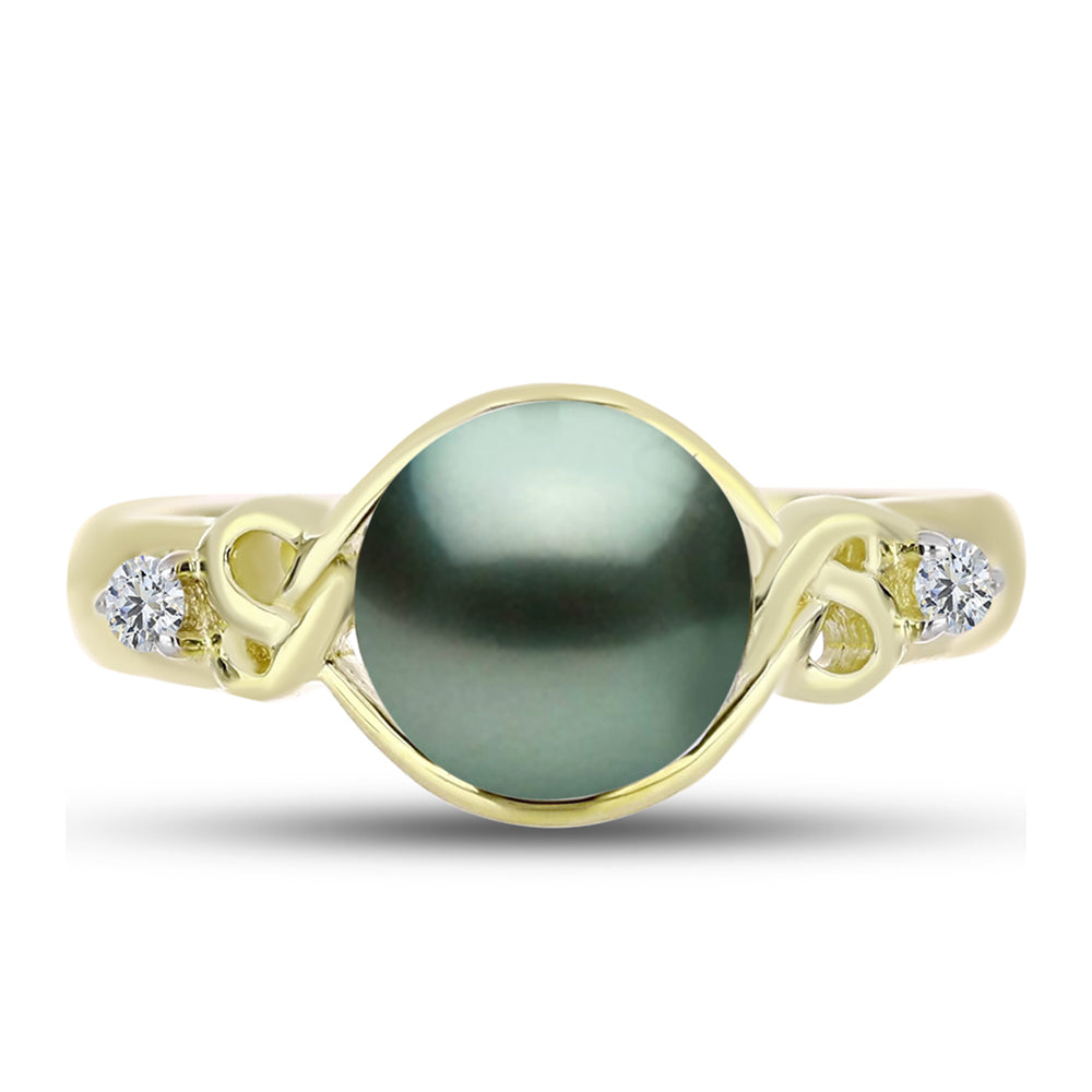 Anillo de Plata Bañada en Oro con Perla de río Tahiti verde ilusión y Topacio Blanco